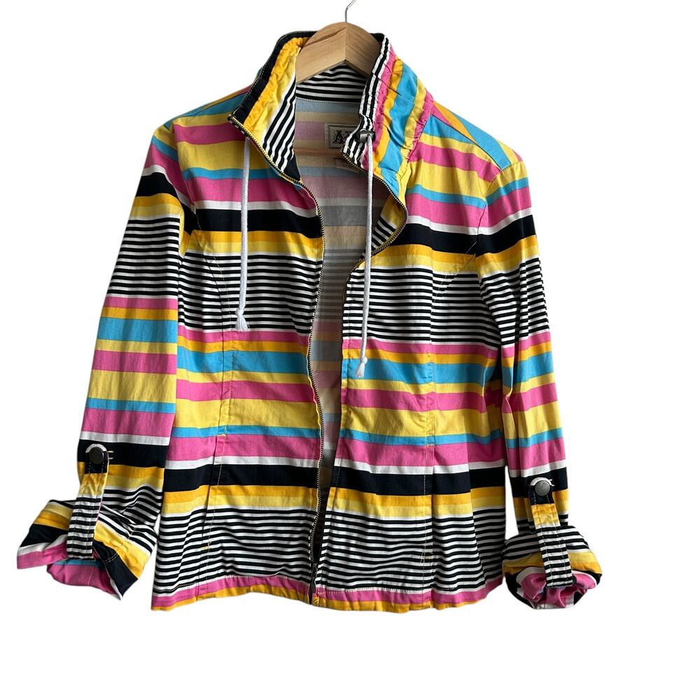 VTG Y2K AMI Women Jacket L Rainbow Stripe Windbreaker Preppy Coastal Travel